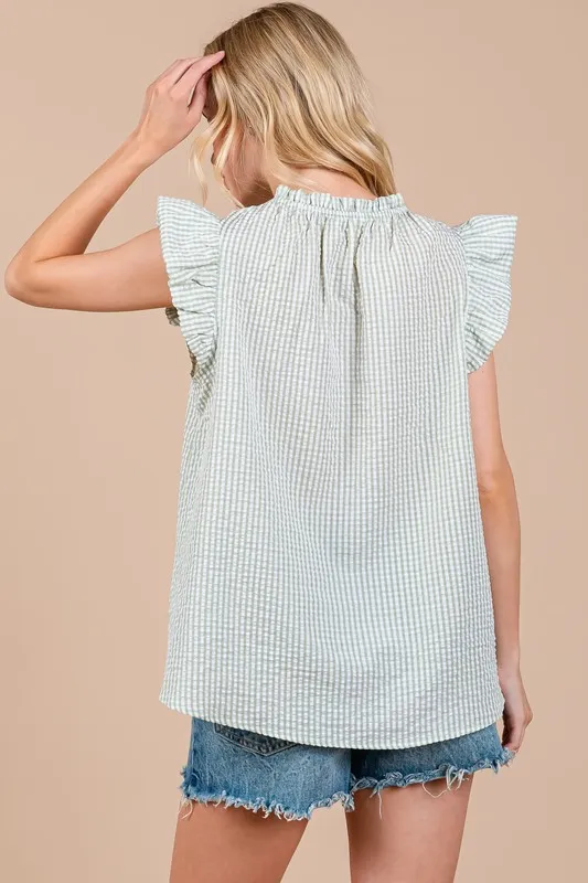 Ces Femme Plaid Notched Ruffled Cap Sleeve Blouse, image 4