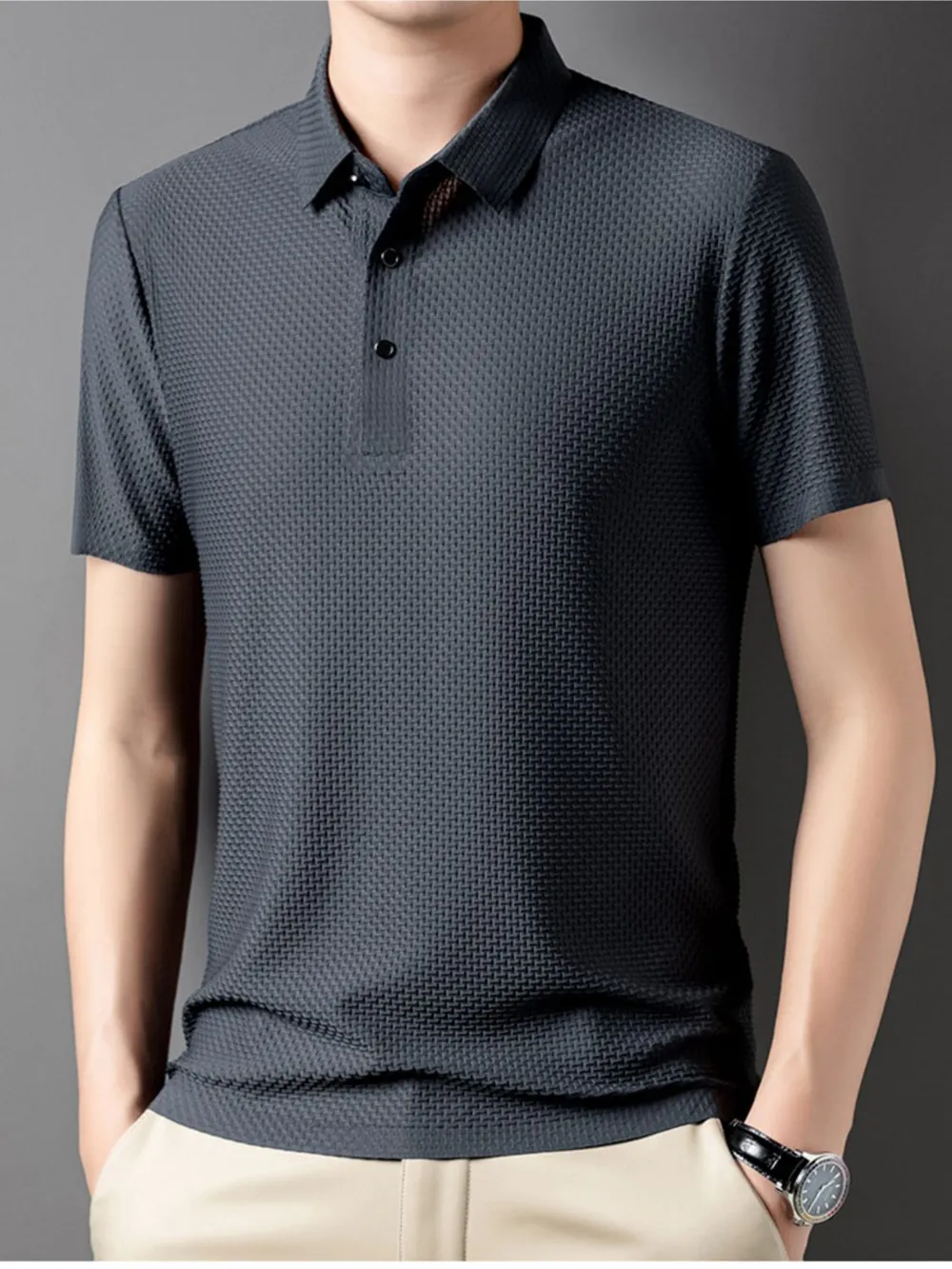 Men's Plus Size Textured Short Sleeve Polo, image 3