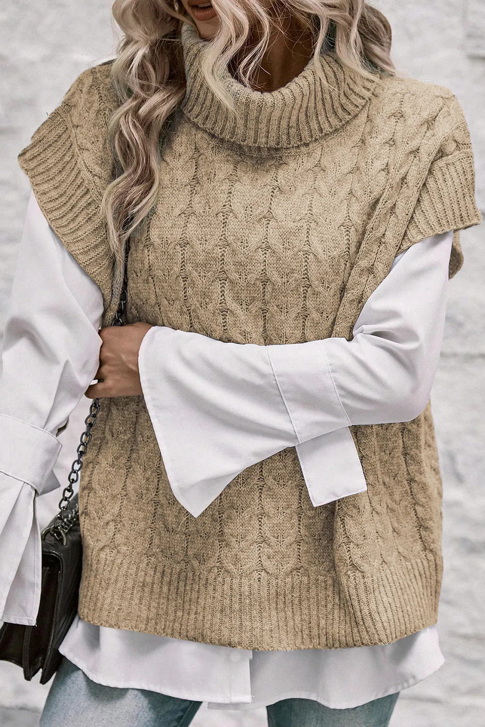 Cable Knit Turtleneck Short Sleeve Sweater, image 6