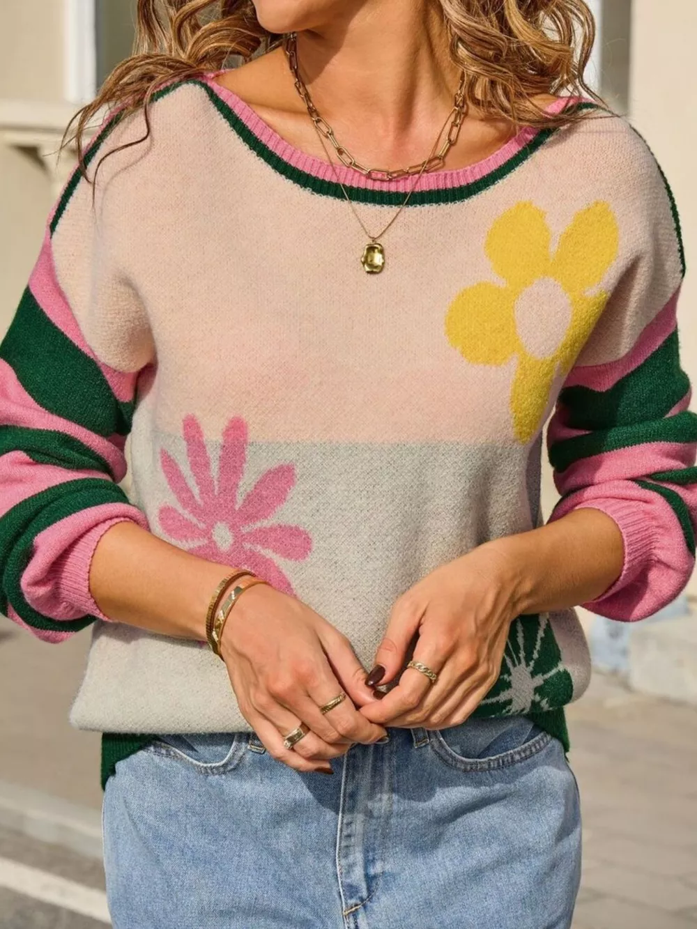 Floral Striped Sleeve Round Neck Sweater, image 11