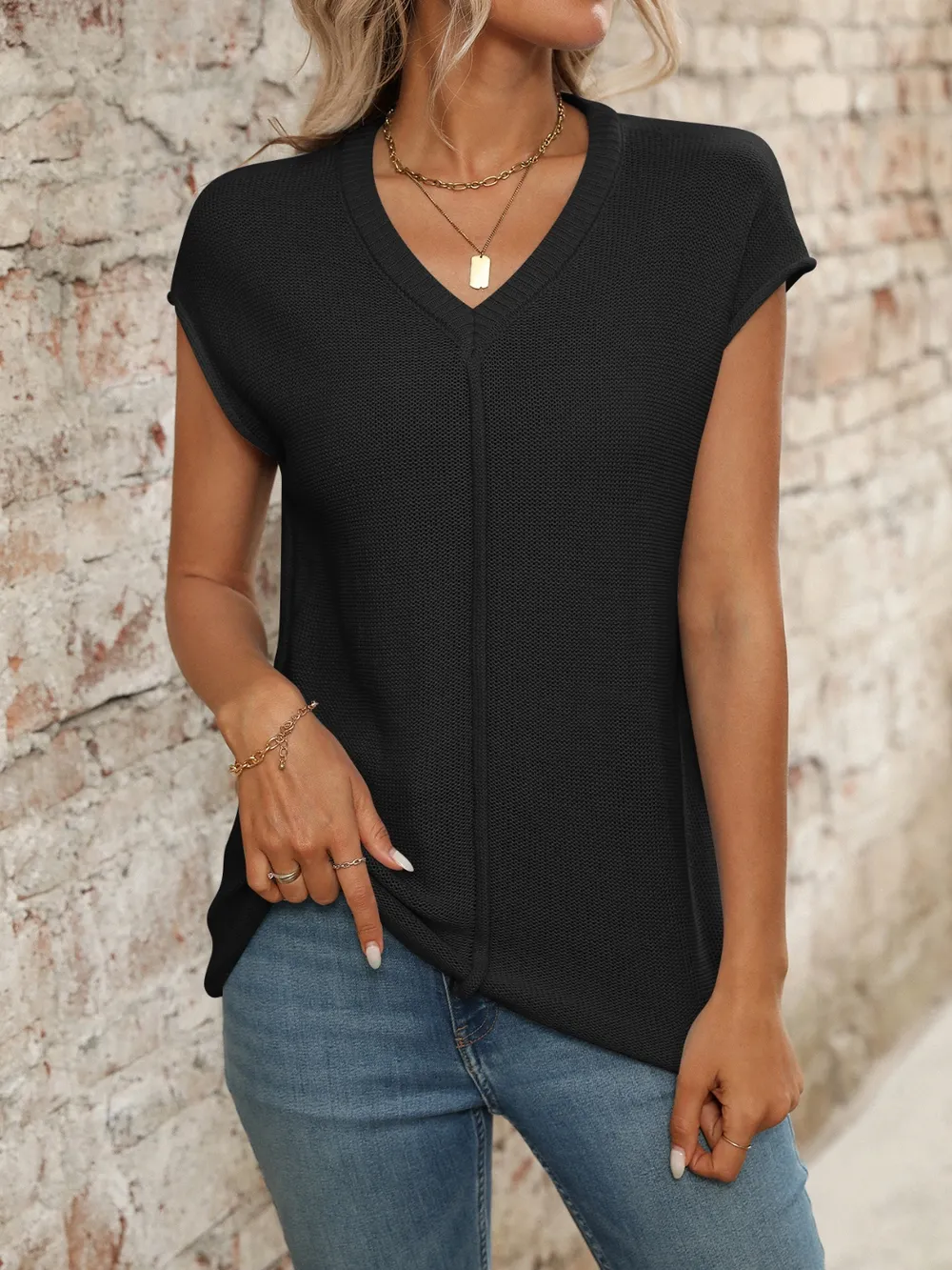 V-Neck Short Sleeve Knit Top, image 10