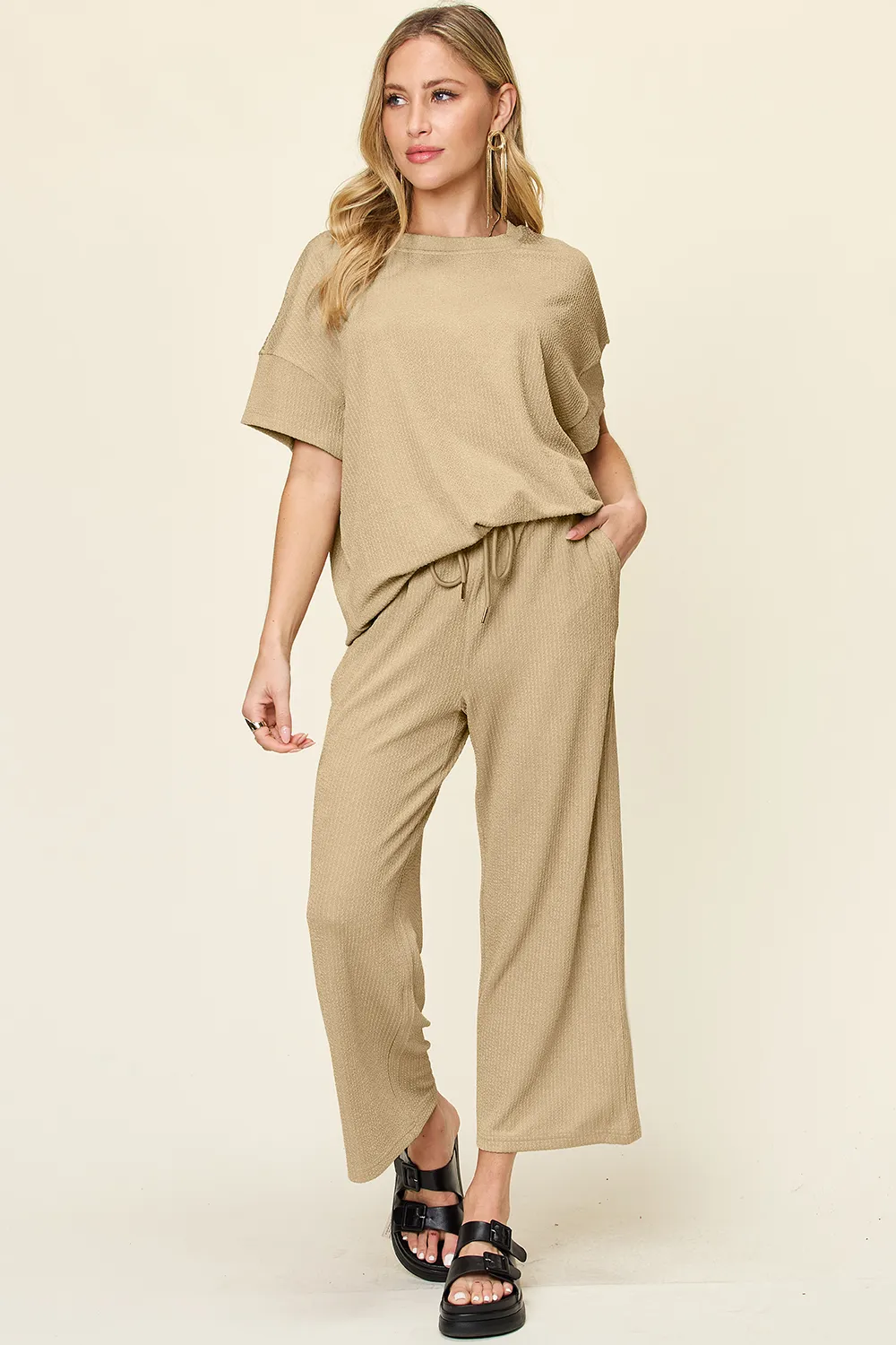 Full Size Texture Round Neck Short Sleeve T-Shirt and Wide Leg Pants, image 6