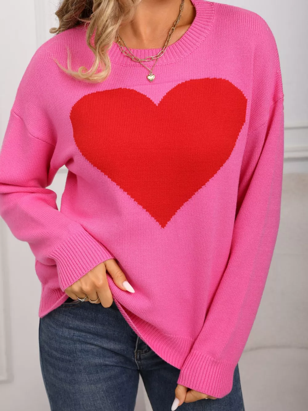 Valentine's Day Heart Round Neck Dropped Shoulder Sweater, image 17
