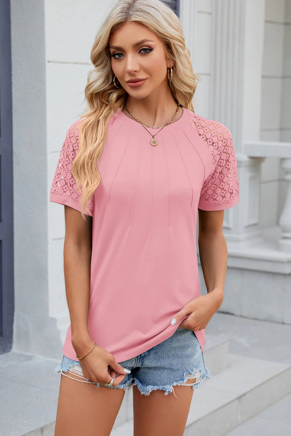 Openwork Round Neck Short Sleeve T-Shirt, image 12