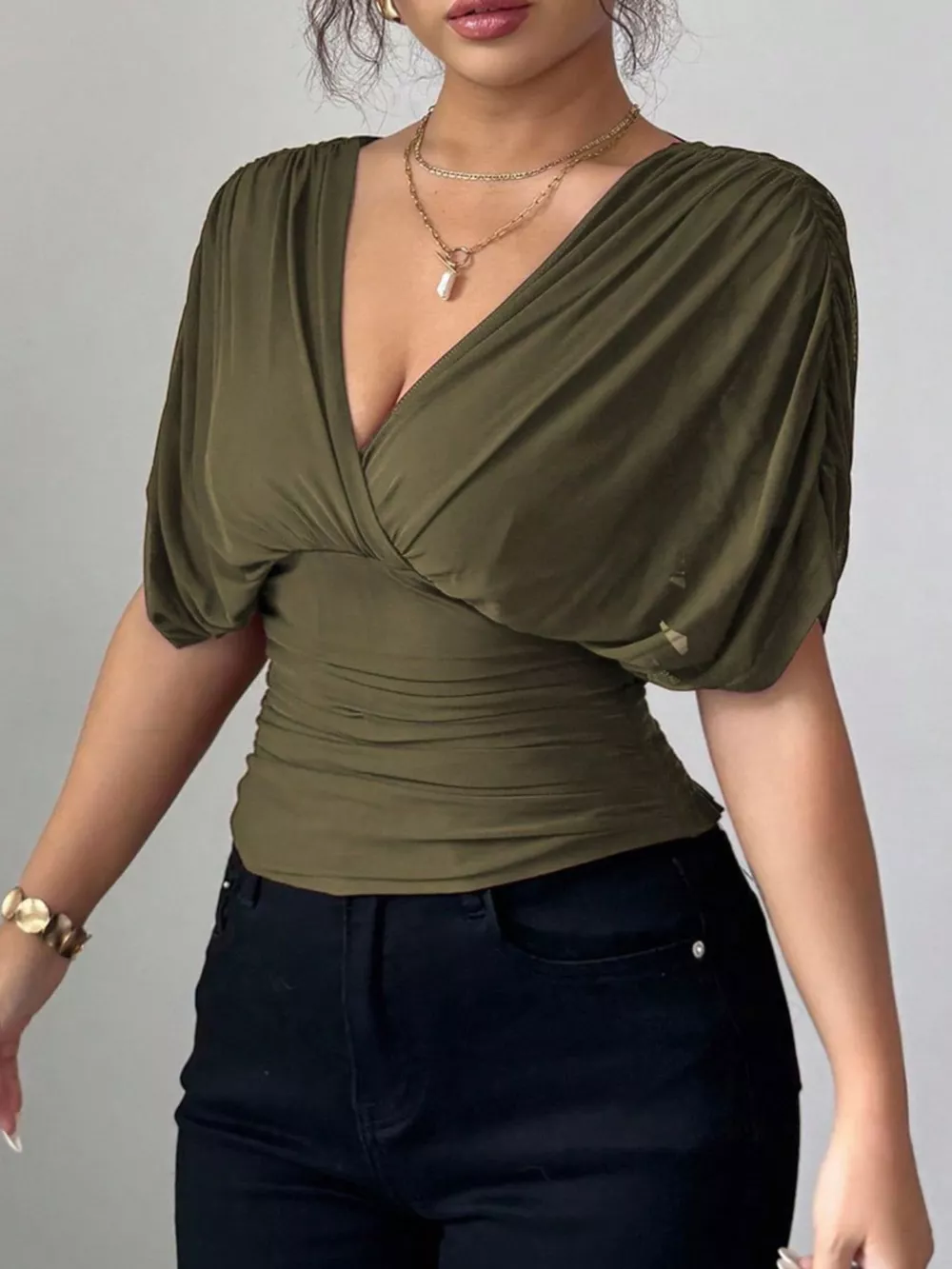 Ruched Surplice Short Sleeve Top, image 8