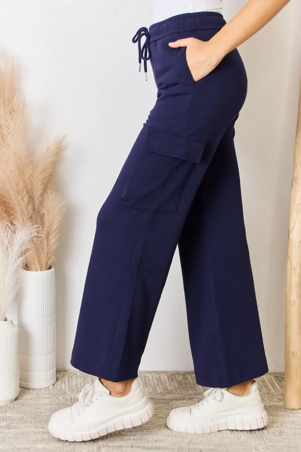 Drawstring Relaxed Cargo Wide Leg Pants, image 2
