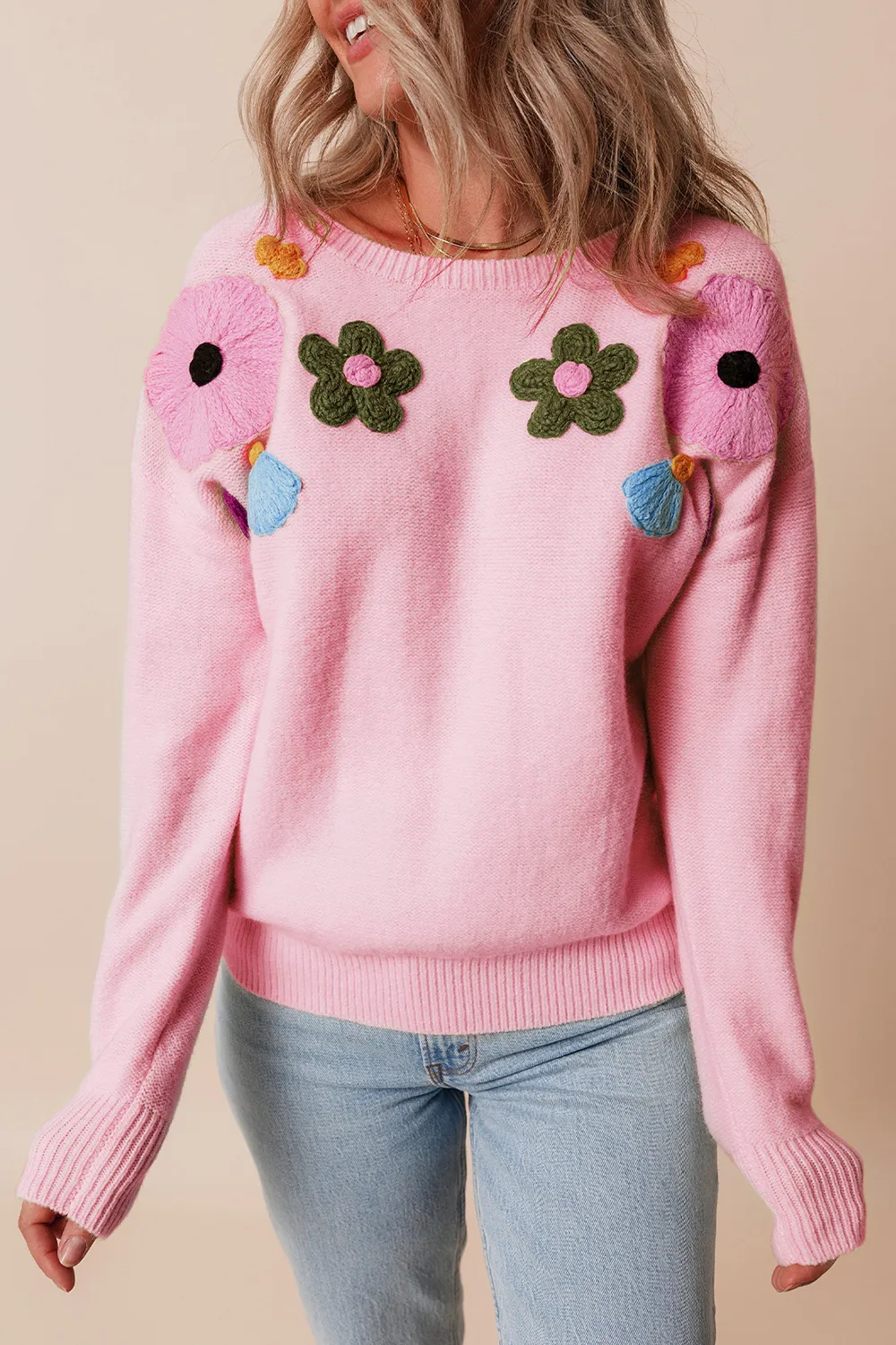 Crochet Flower Round Neck Dropped Shoulder Sweater, image 7
