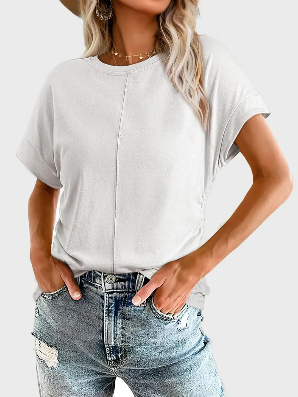 Ruched Round Neck Short Sleeve T-Shirt, image 6