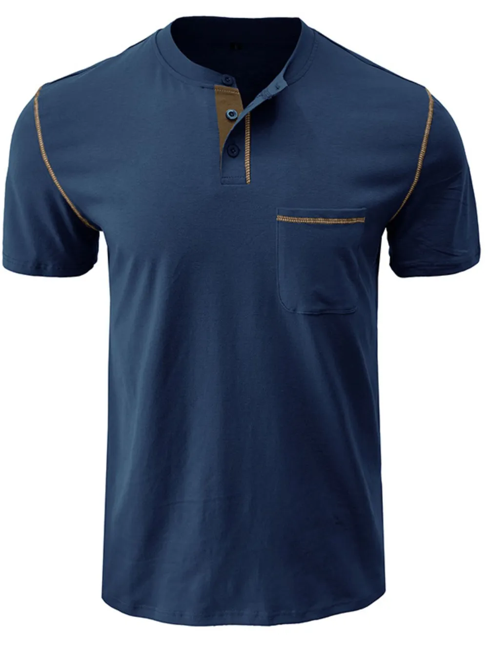 Men's Full Size Casual Henley T-Shirt with Contrast Stitching and Pocket Plus Size, image 3