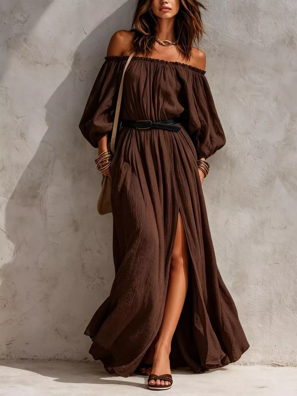 Boho Off-Shoulder Maxi Dress with Side Slit, image 4