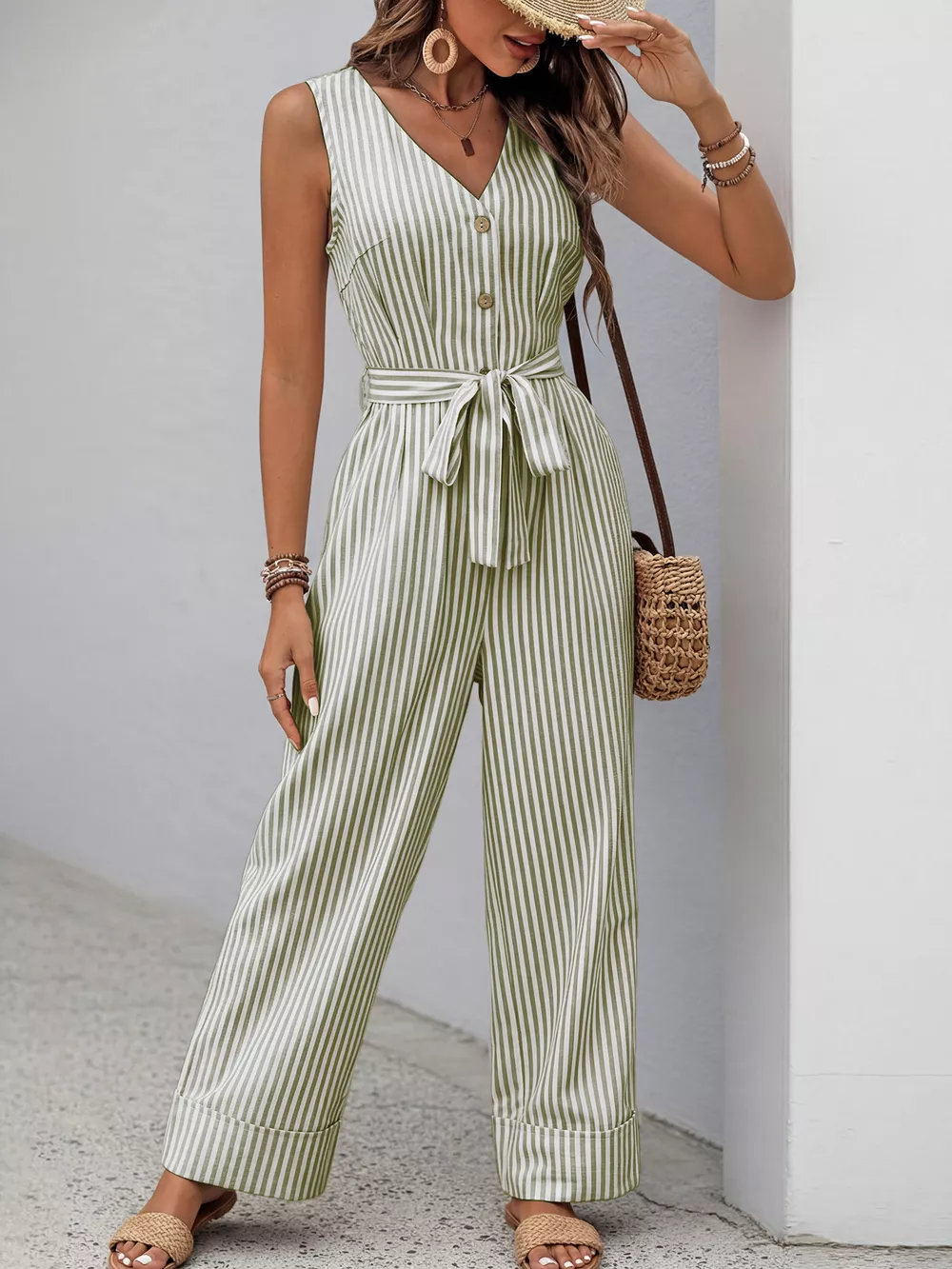 Striped Button-Front Tie Waist Wide Leg Jumpsuit, image 8