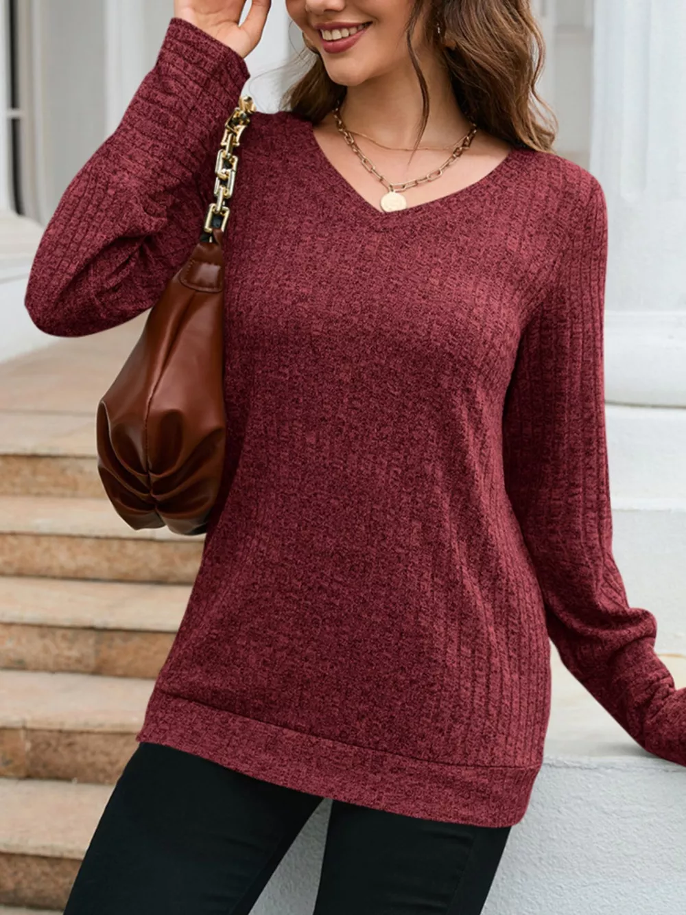 V-Neck Textured Knit Long Sleeve T-Shirt, image 16