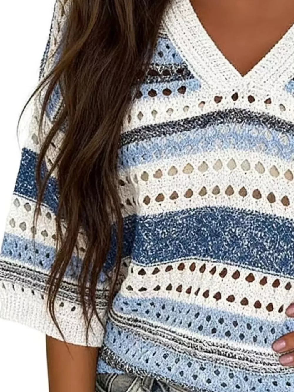 Chic Striped Crochet Knit Top, image 6