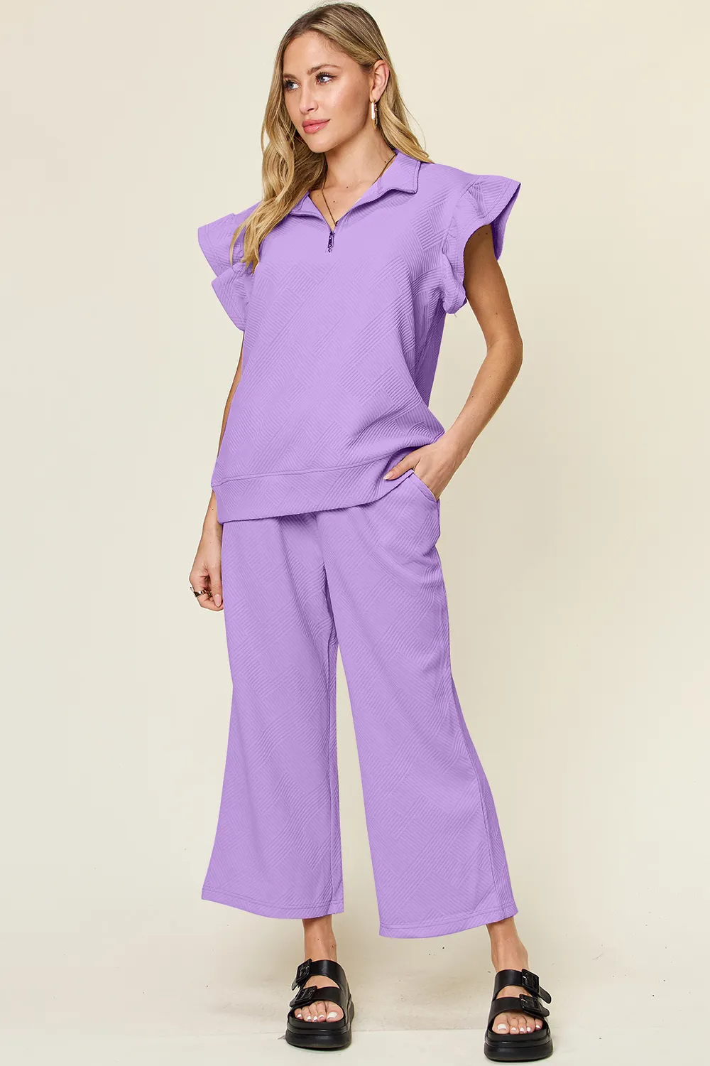 Texture Ruffle Short Sleeve Top and Drawstring Wide Leg Pants Set, image 12