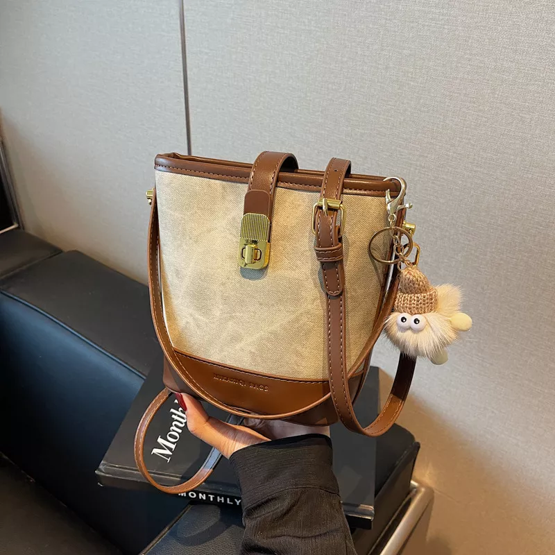 Vintage Bucket Crossbody Bag with Plush Charm, image 6