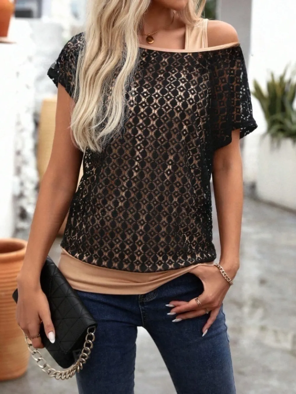 Lace Short Sleeve Fake Two Piece T-Shirt, image 3