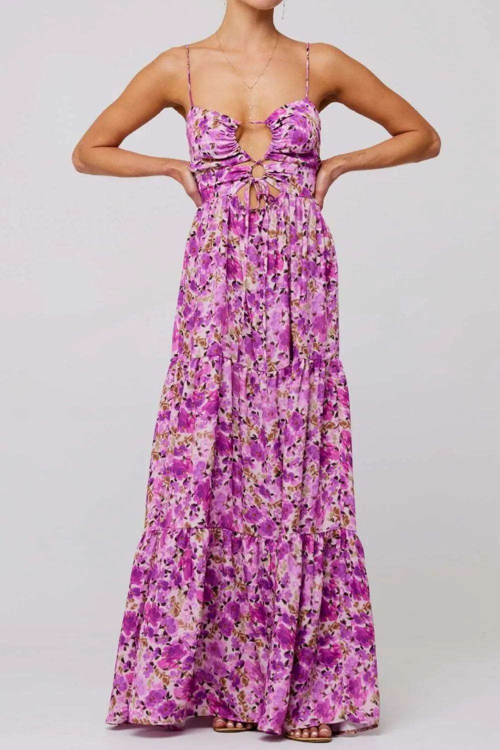 Floral Print Tie Front Tiered Maxi Dress, image 3