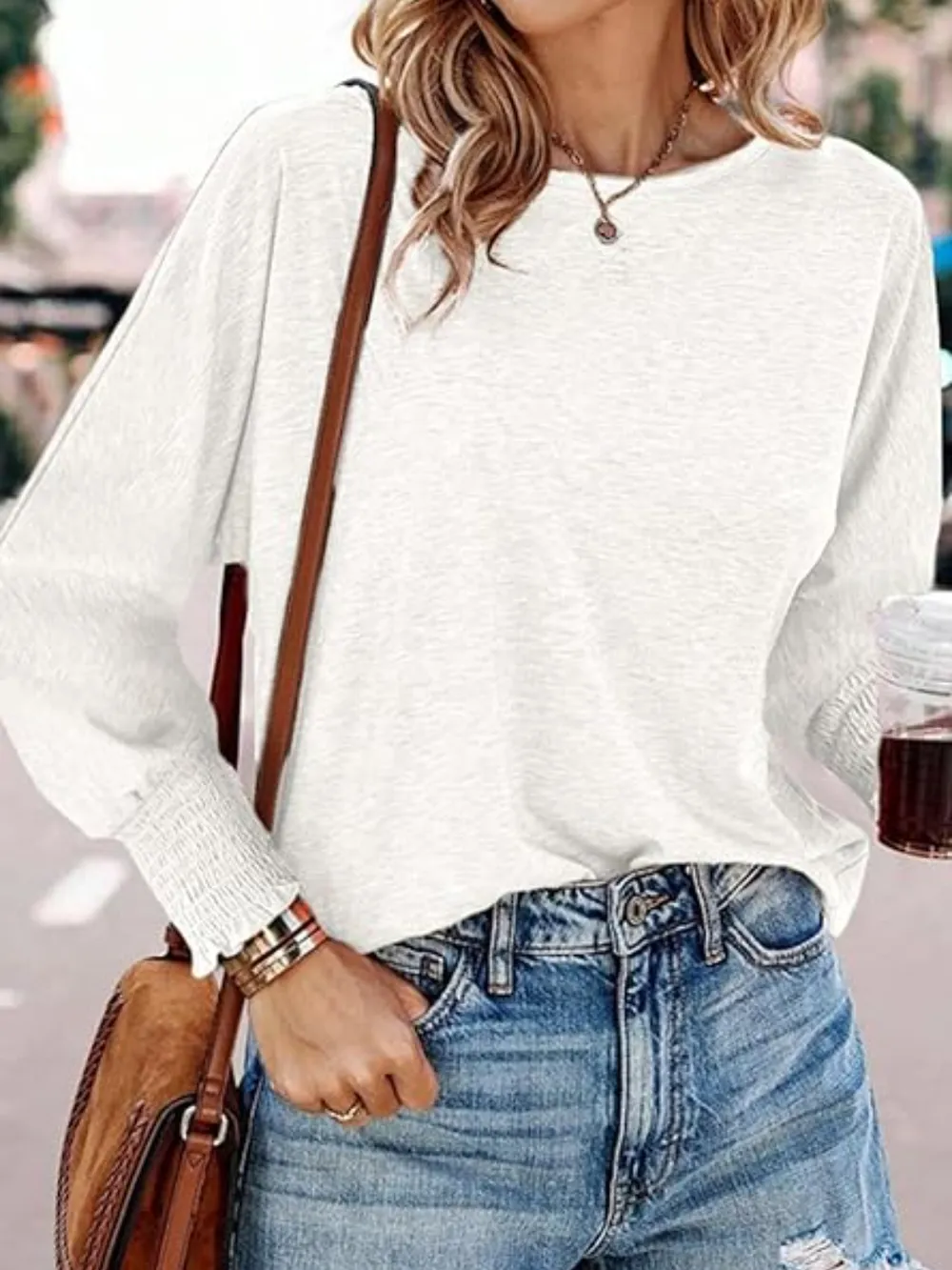 Round Neck Smocked Lantern Sleeve T-Shirt, image 8