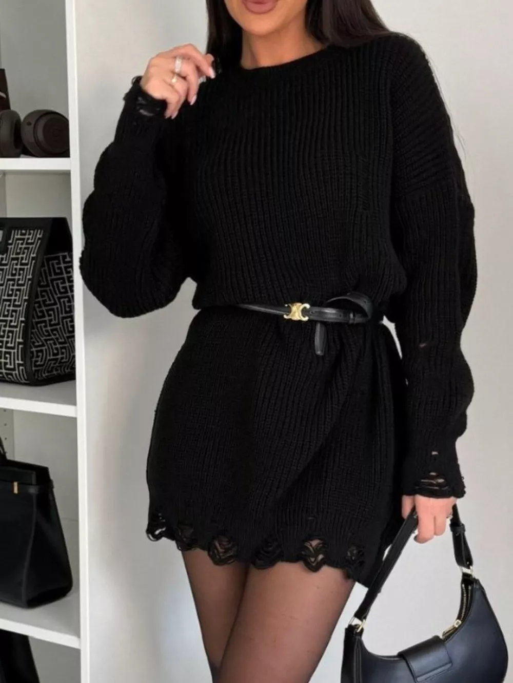 Distressed Round Neck Drop Shoulder Sweater Dress, image 8