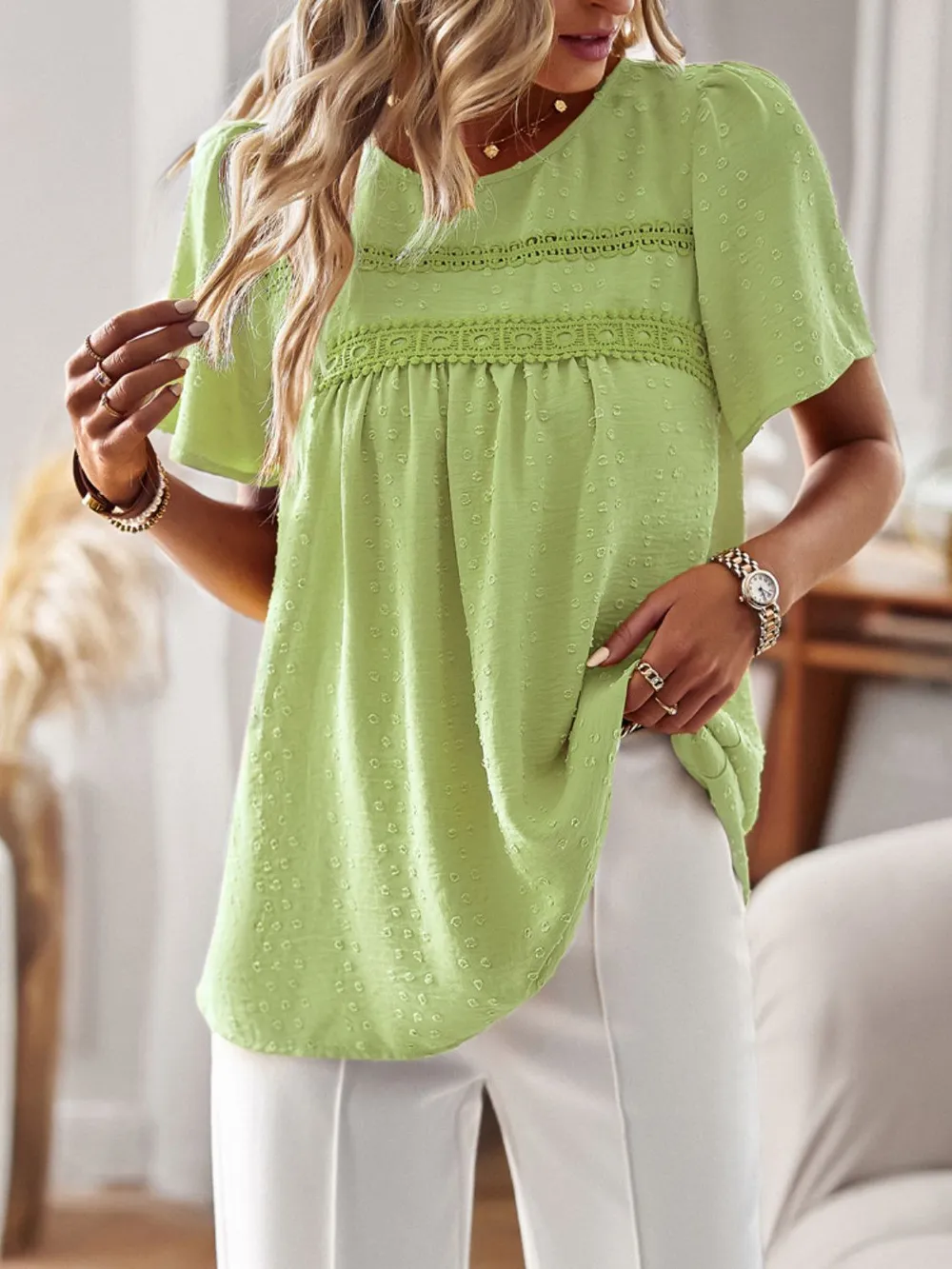 Lace Detail Round Neck Short Sleeve Blouse, image 29