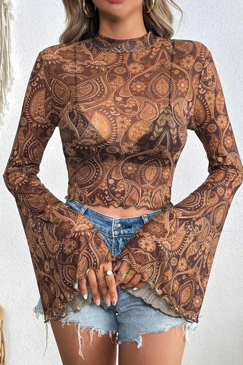 Printed Mock Neck Flare Sleeve Top, image 2