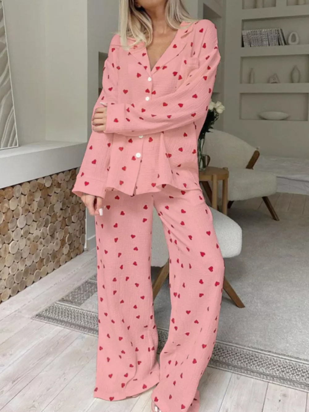 Heart Print Long Sleeve Top and Pants Lounge Set, image 5
