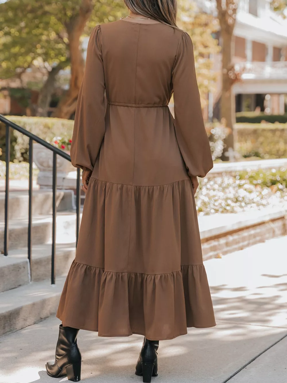 V-Neck Balloon Sleeve Tiered Dress, image 3