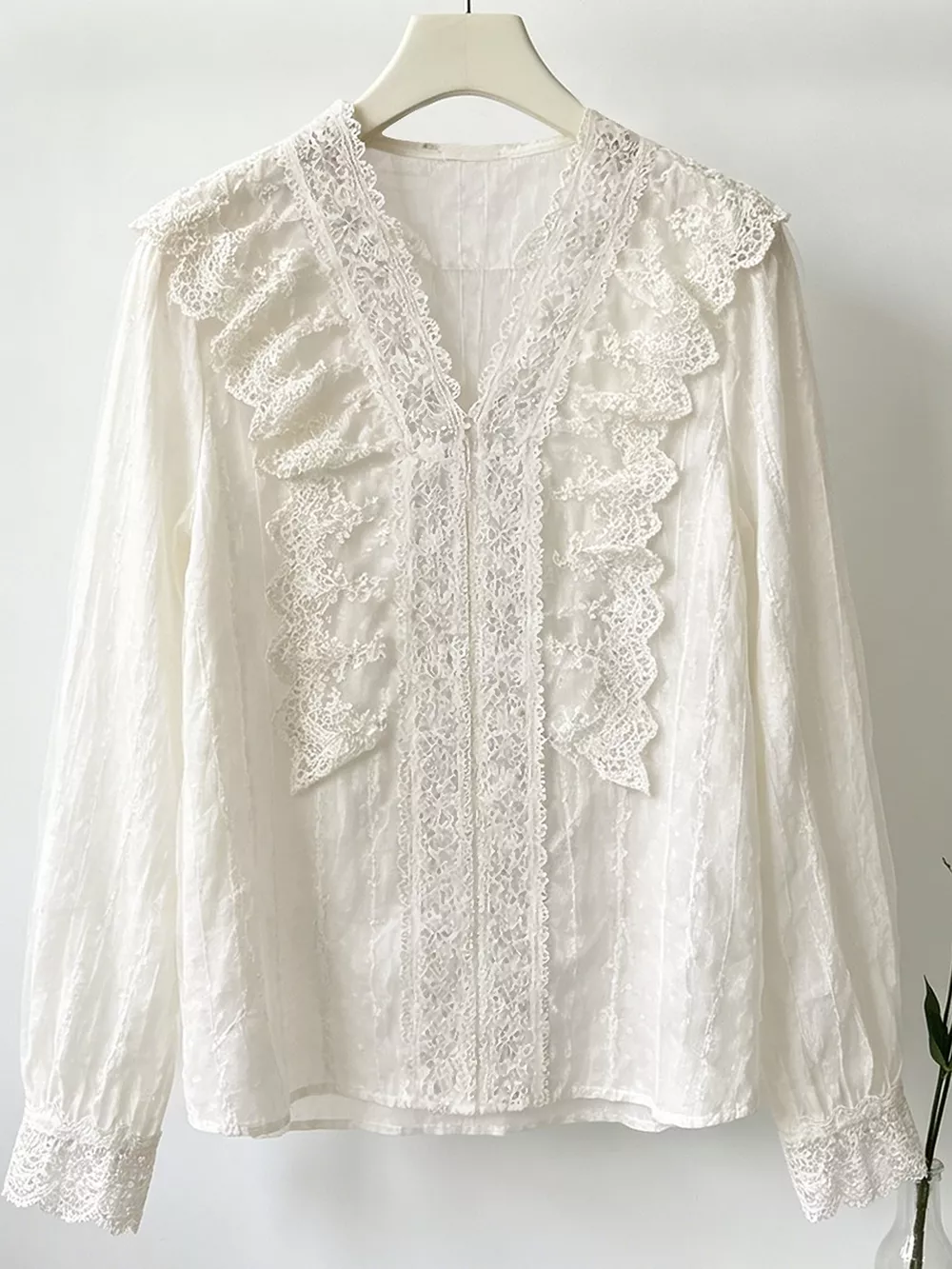 V-Neck Lace Ruffle Sheer Blouse, image 4