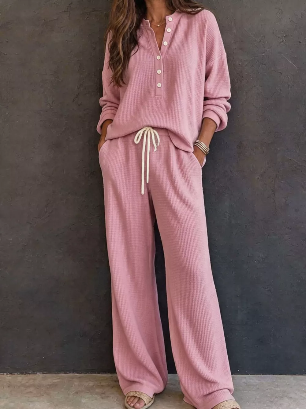 Waffle Knit Henley Top and Wide Leg Pants Set, image 4