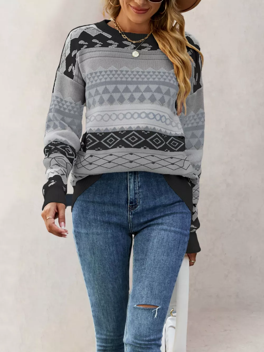 Geometric Pattern Round Neck Sweater, image 8