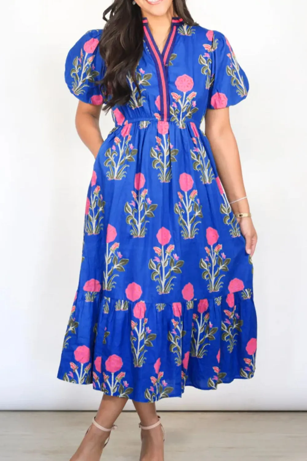 Floral Puff Short Sleeve Notched High Waist Dress, image 6