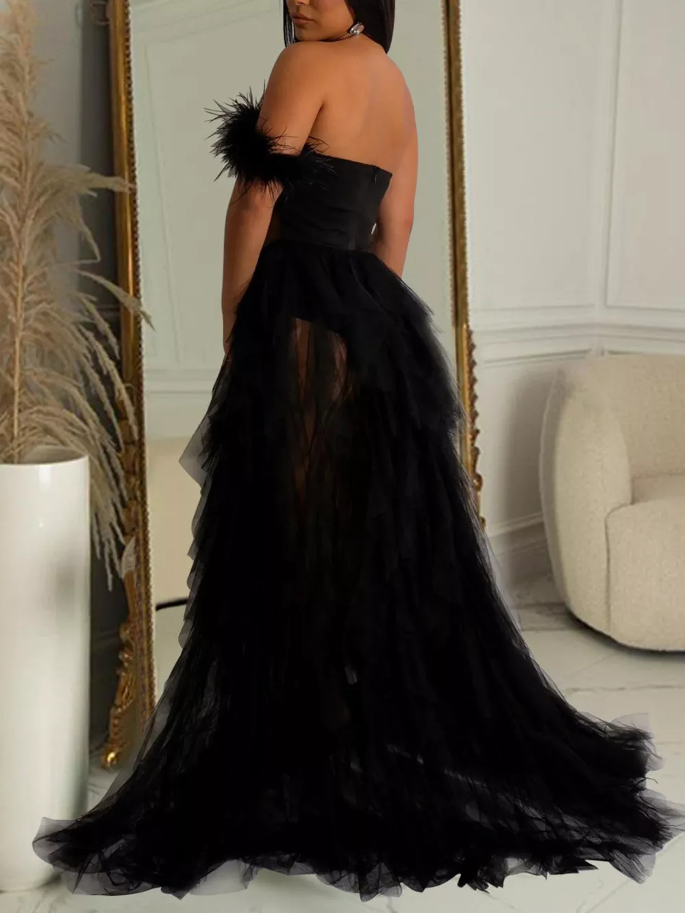 Feathered Corset Tulle Evening Dress, image 6