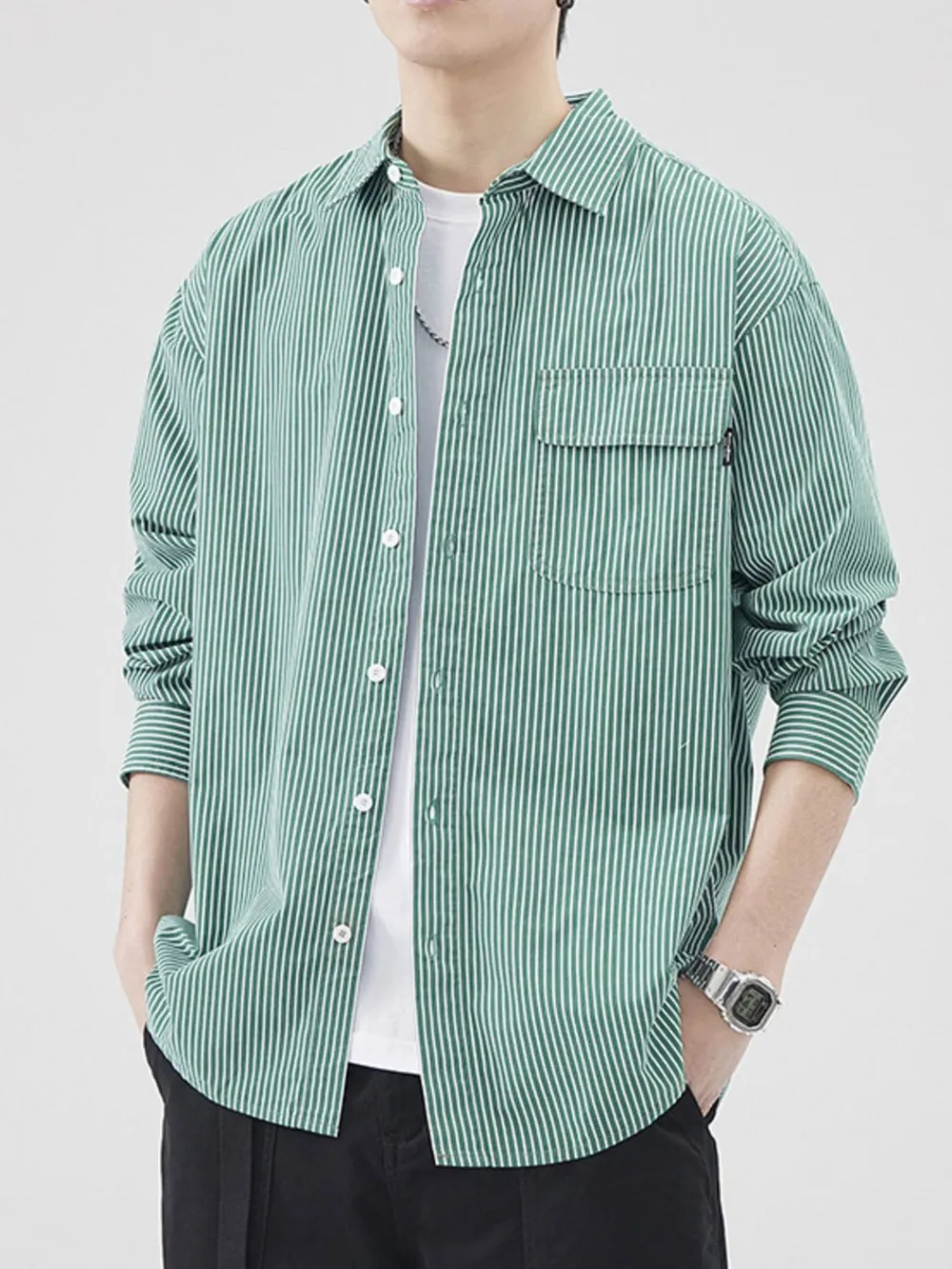 Men's Plus Size Striped Button Up Long Sleeve Shirt, image 6