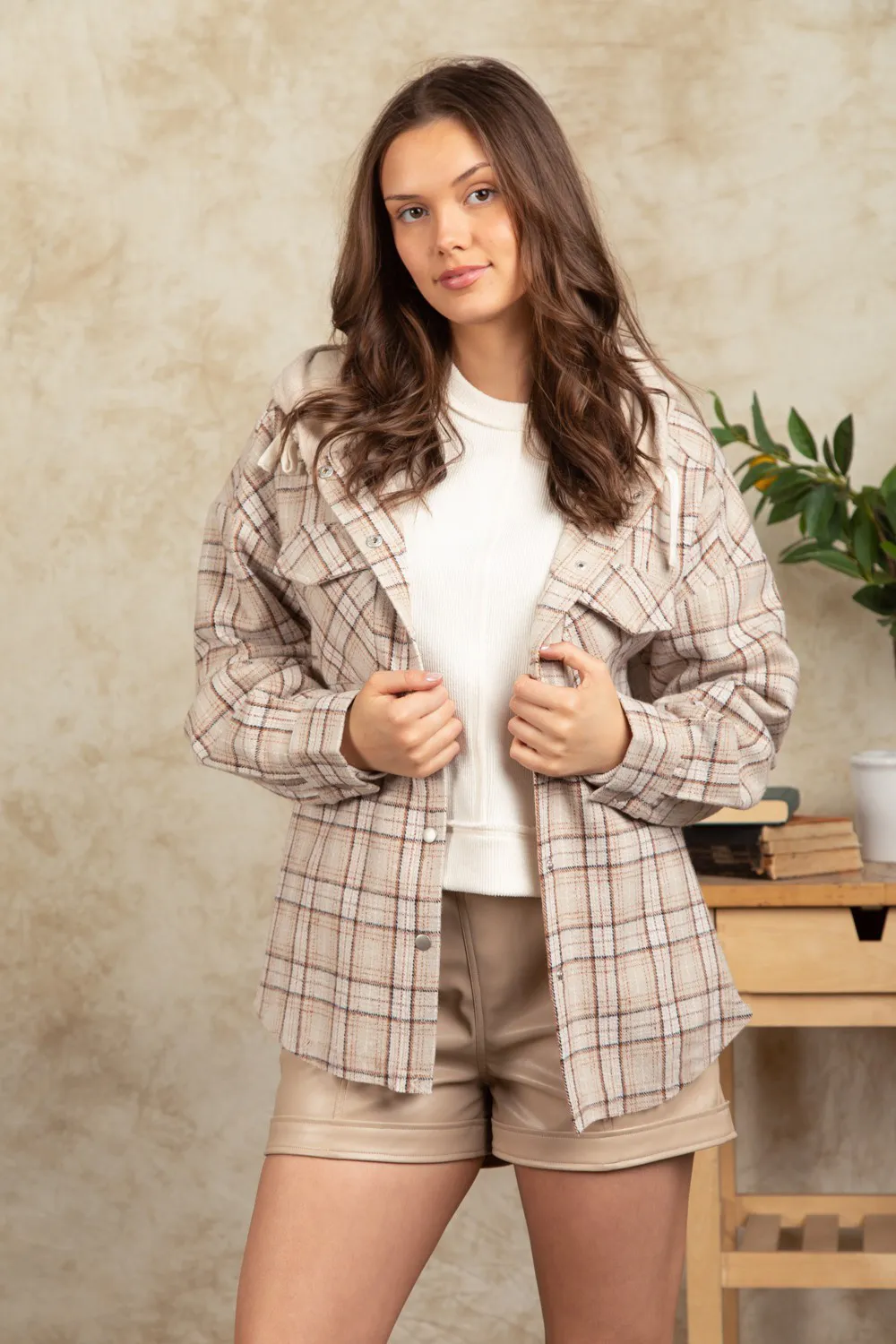 Drawstring Plaid Long Sleeve Hooded Jacket, image 13