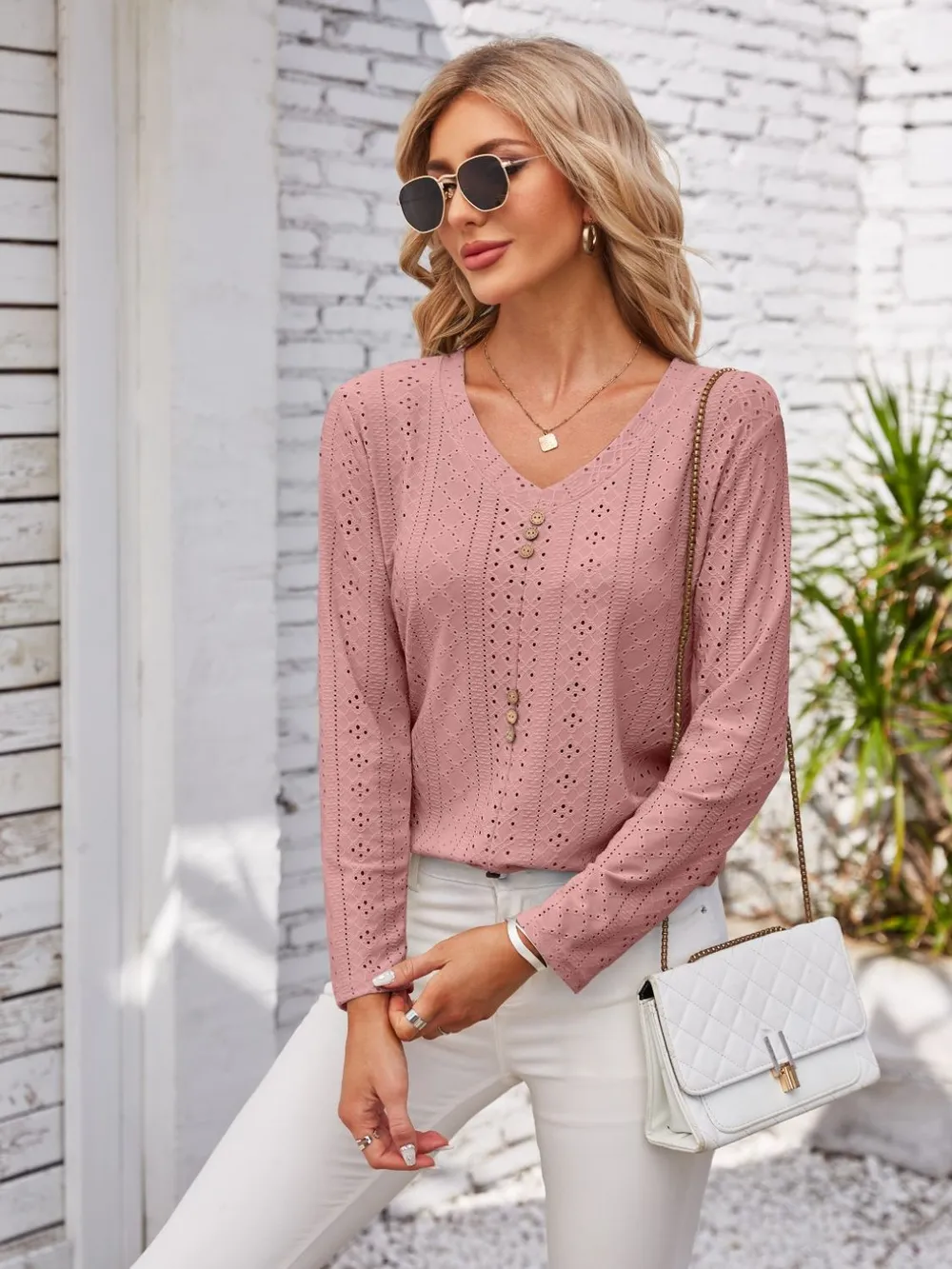 Decorative Button Openwork V-Neck T-Shirt, image 15