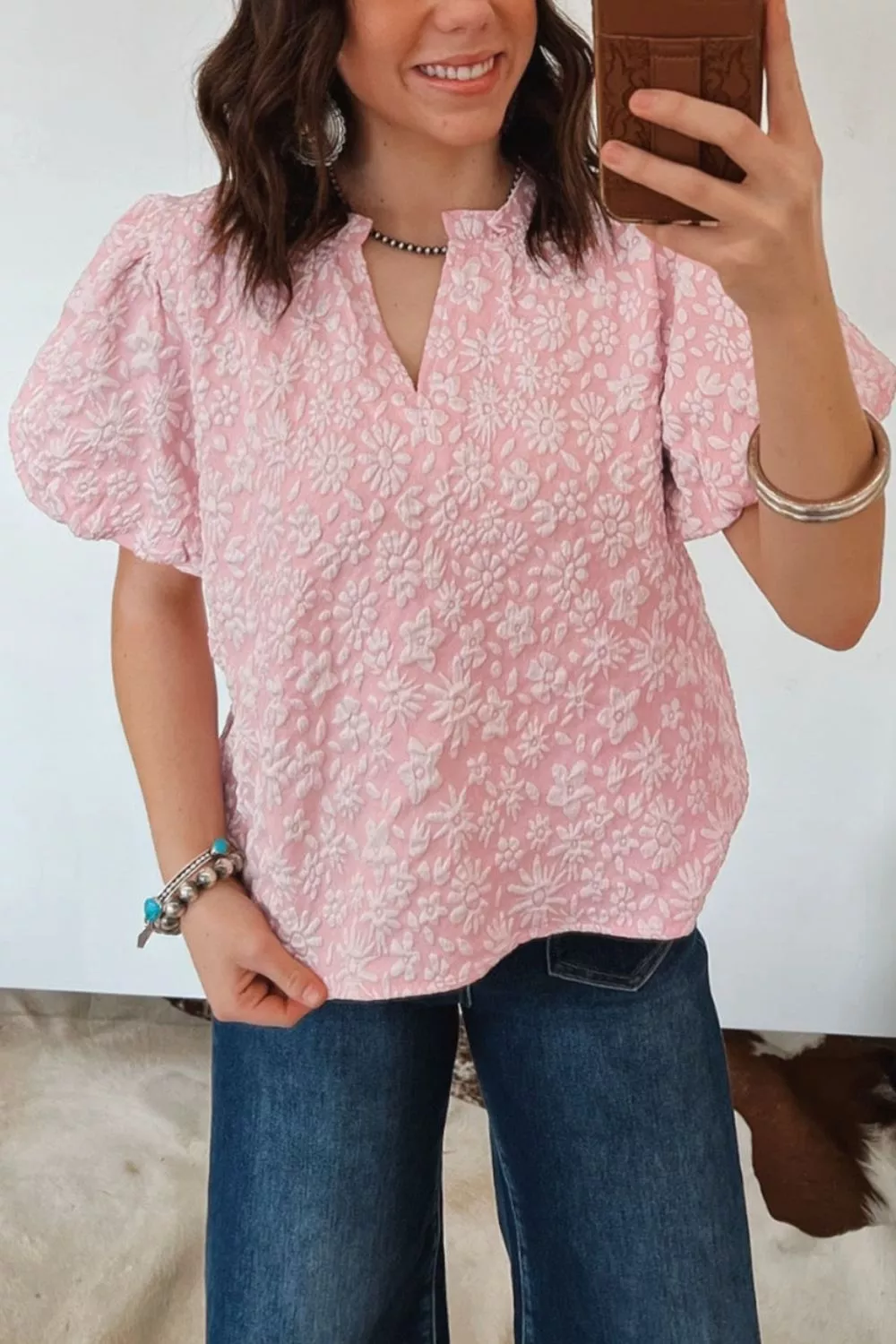 Textured Floral Puff Sleeve Blouse, image 2