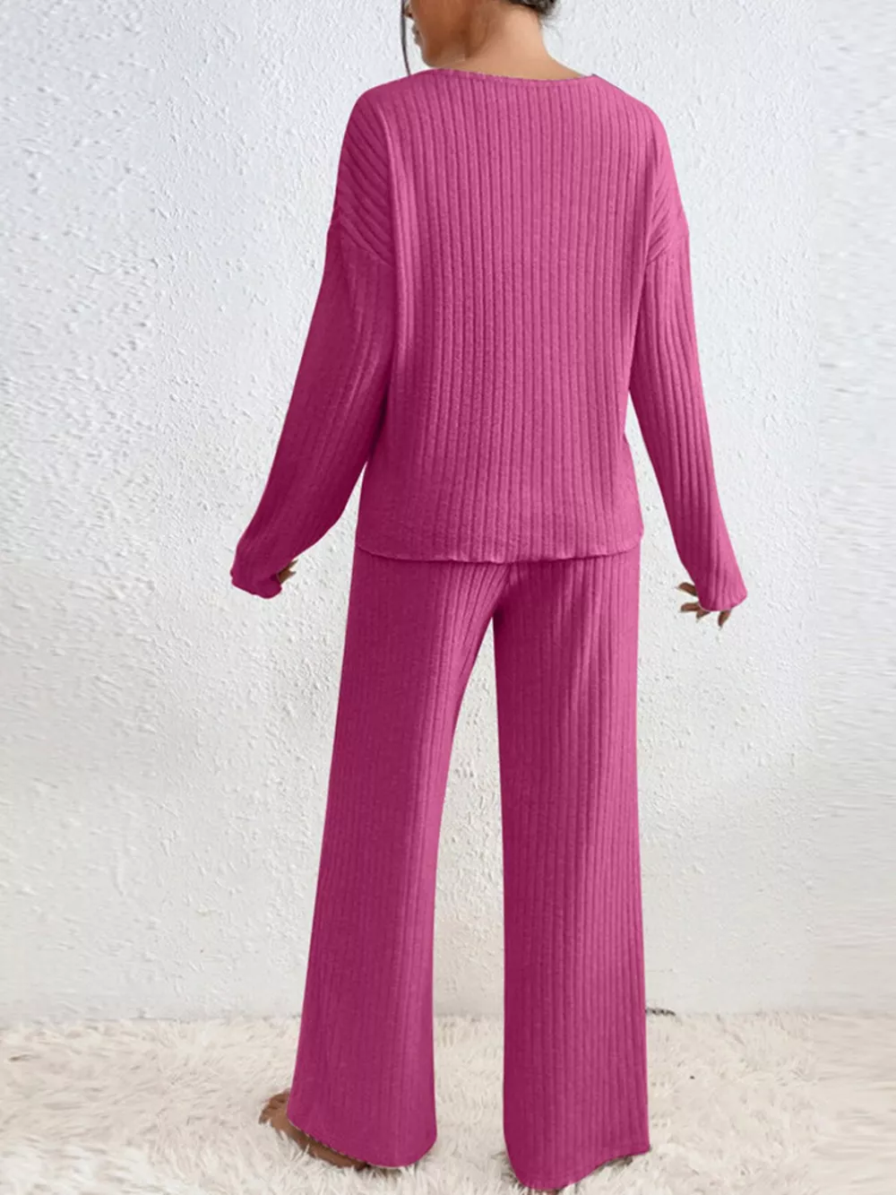 Ribbed Knit V-Neck Top and Pants Set, image 3
