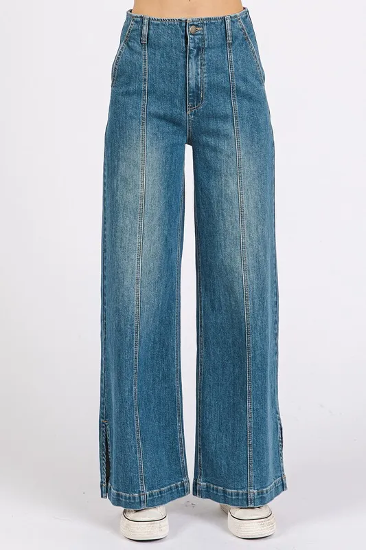 Medium Wash Seam Detail Wide Leg Denim Jeans, image 4