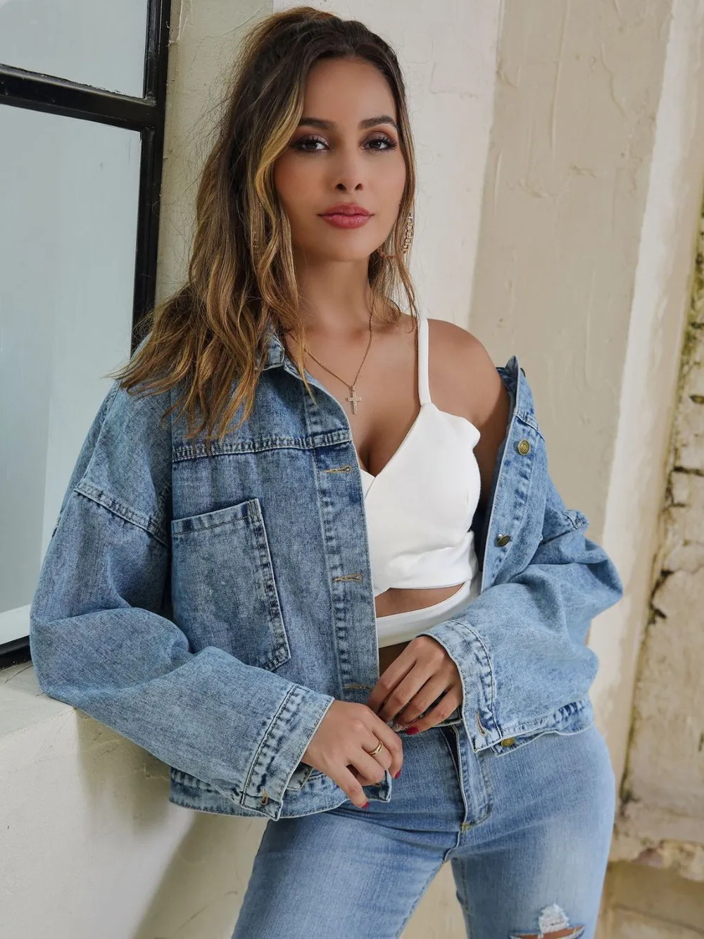 Button Down Drop Shoulder Denim Jacket, image 6