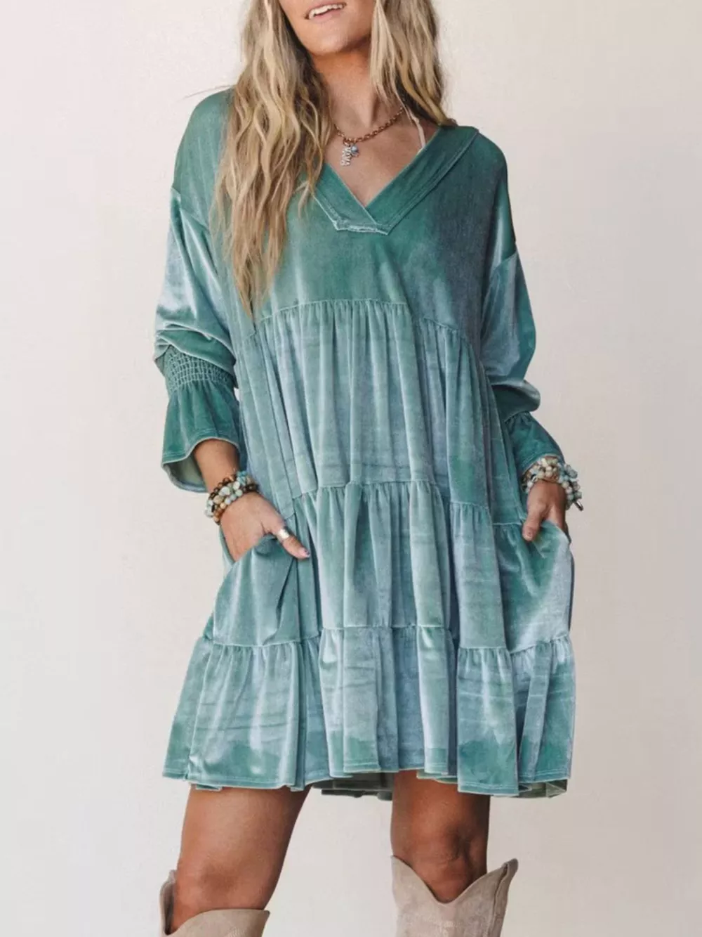 Velvet Tiered Mini Dress with Balloon Sleeves, image 9