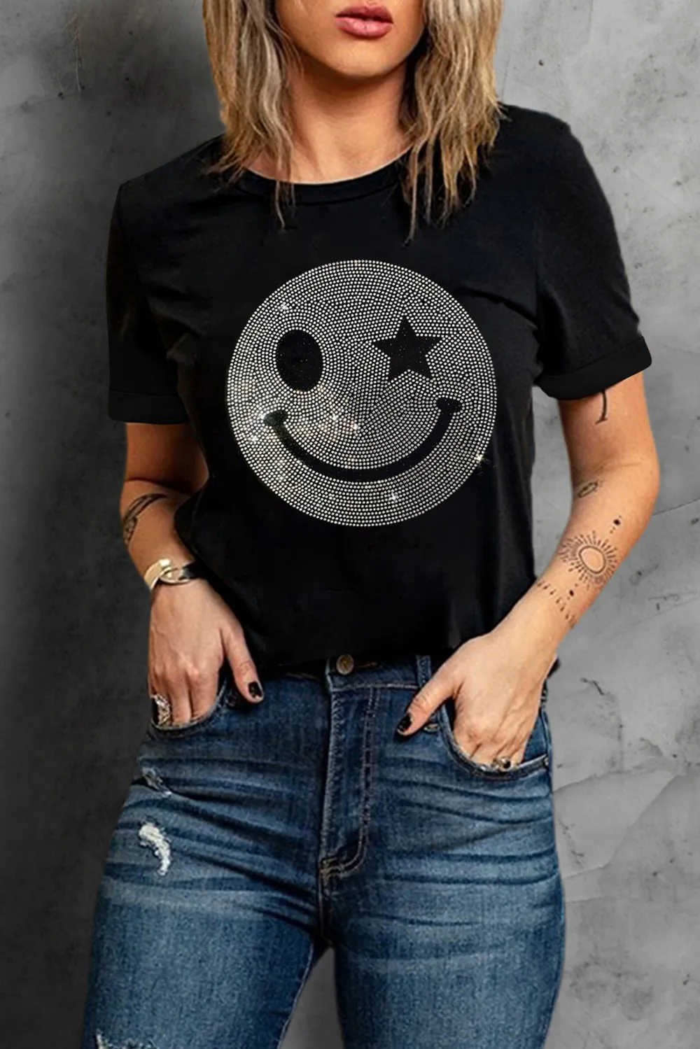 Rhinestone Smiley Round Neck Short Sleeve T-Shirt, image 5