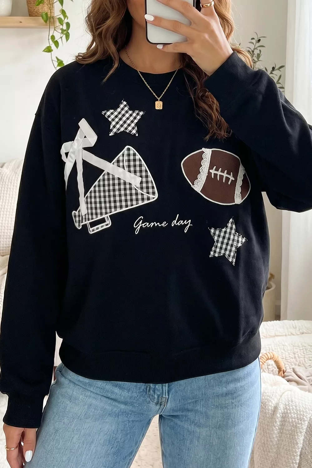 Gingham Patch Embroidered Rugby Game Day Stars Sweatshirt, image 7