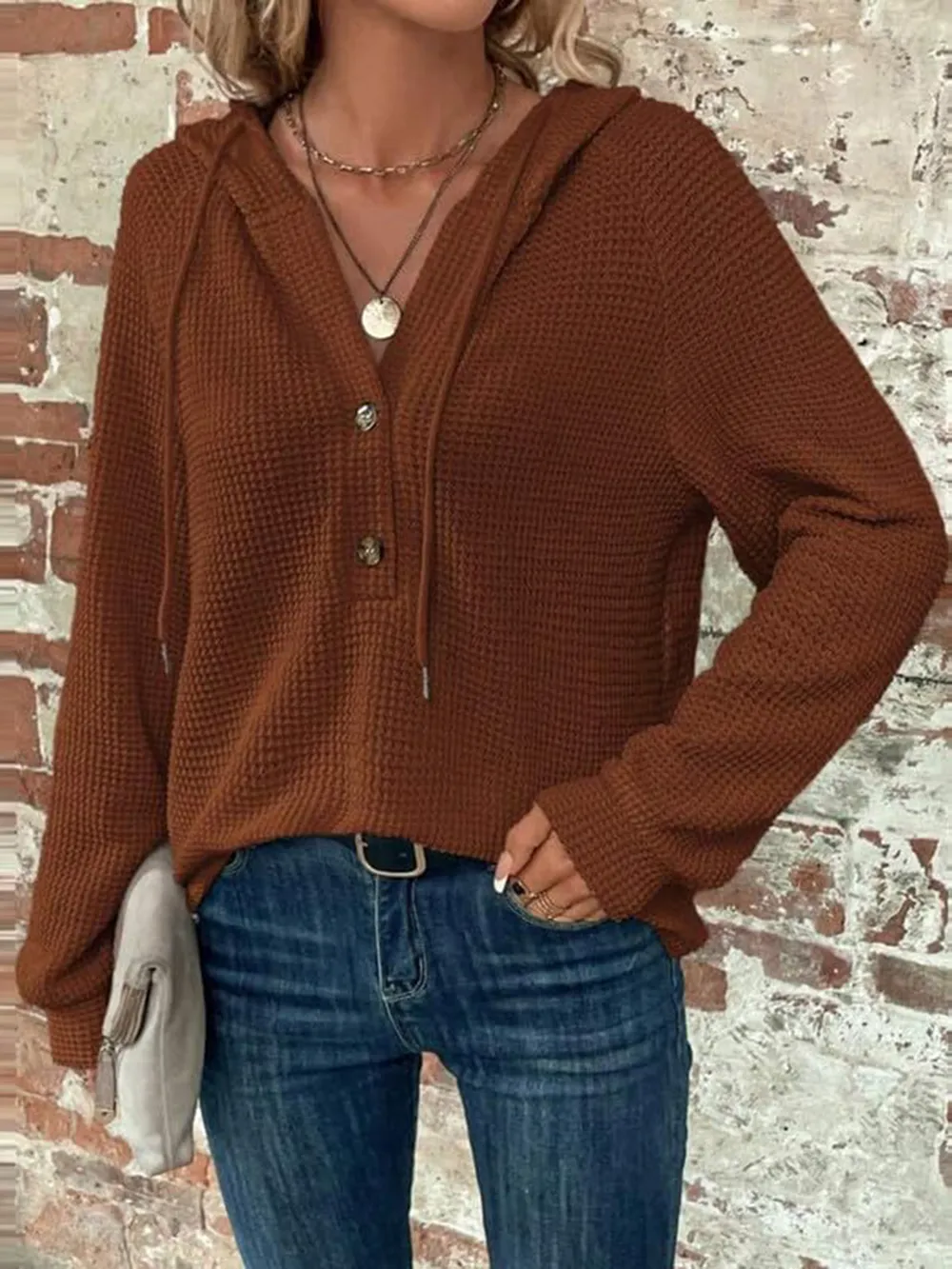 Waffle Knit Long Sleeve Drawstring Hooded Top, image 29