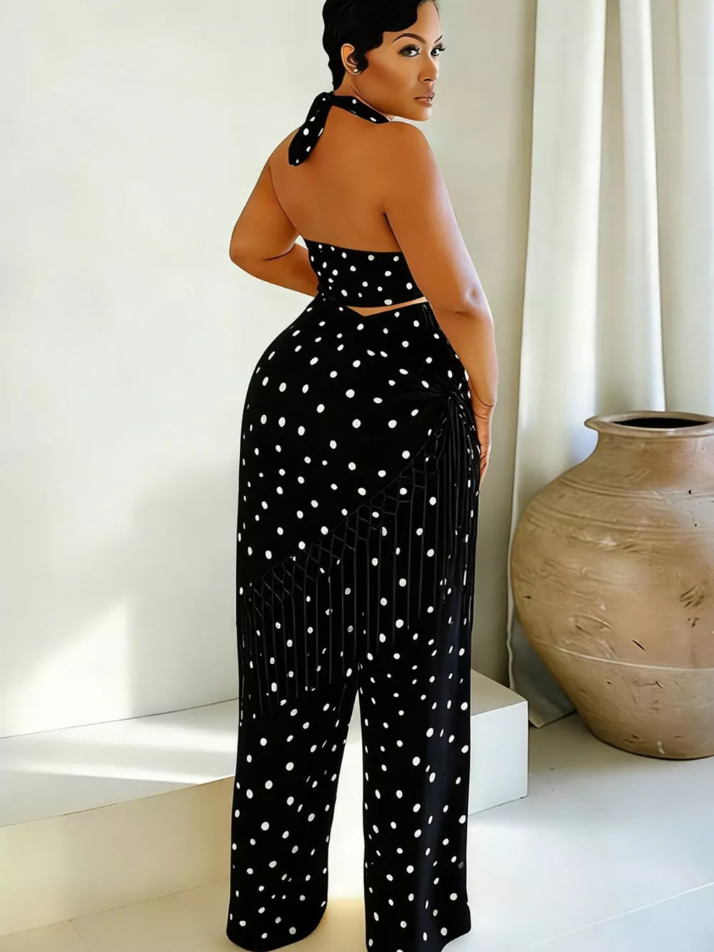 Polka Dot Halter Neck Cami and Fringe Trim Pants Set, image 10