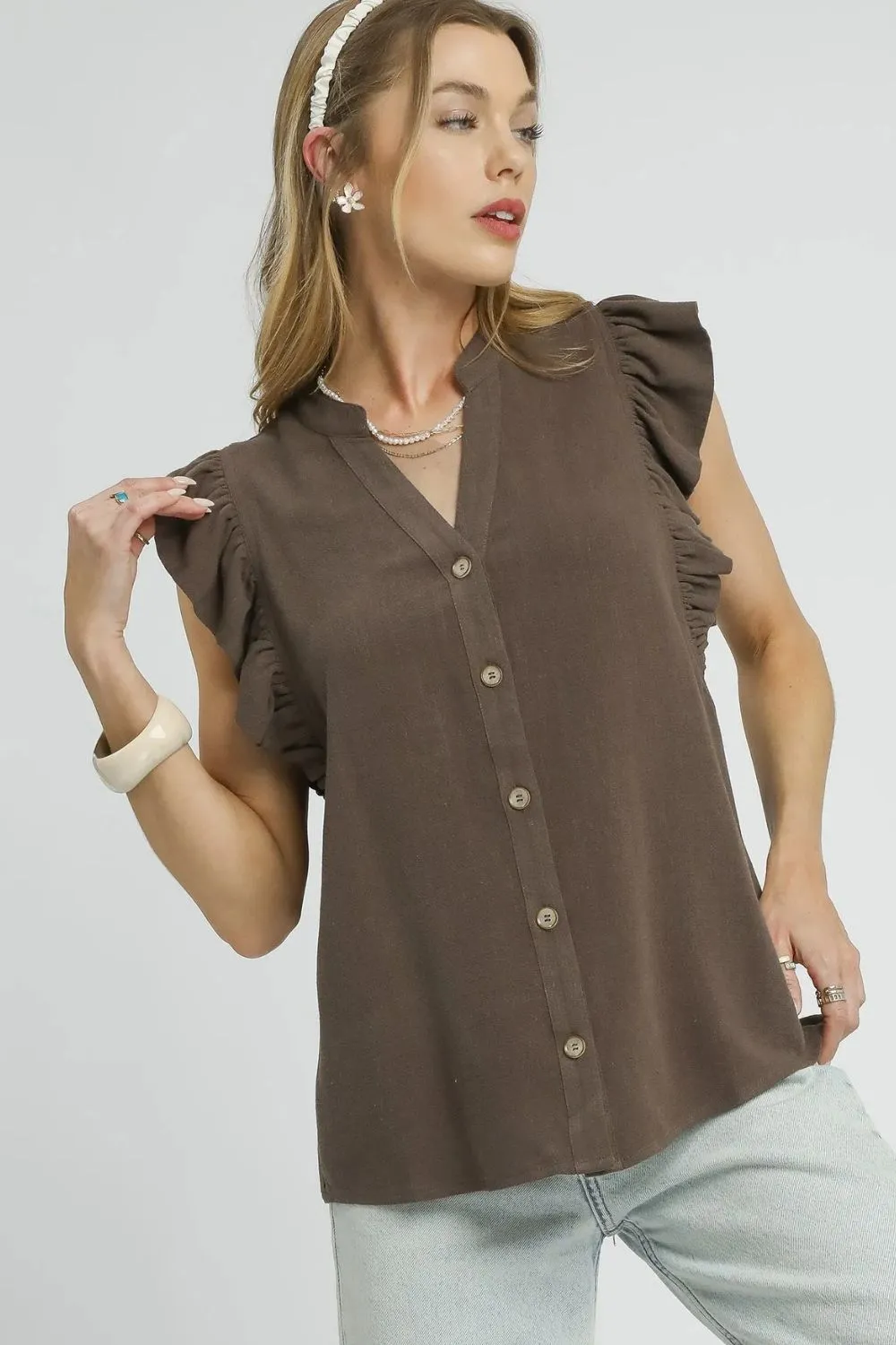 Linen Ruffle Sleeve Button-Down Shirt
