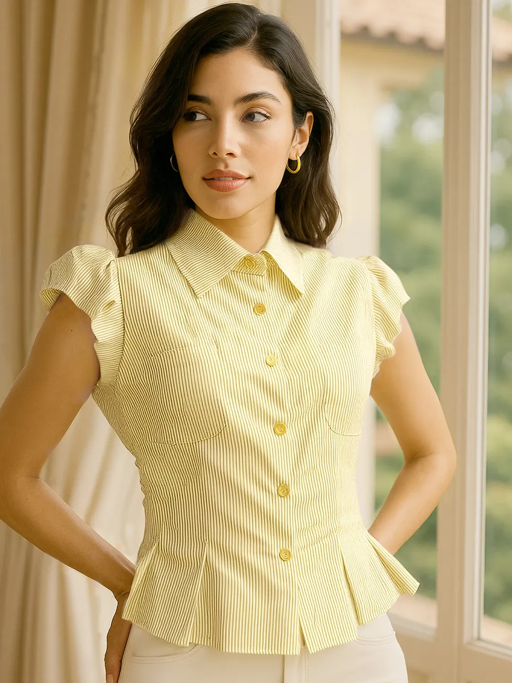 Striped Puff Sleeve Button-Up Shirt
