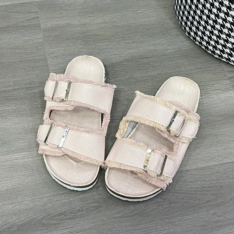 Raw Hem Open Toe Double Buckle Sandals, image 5