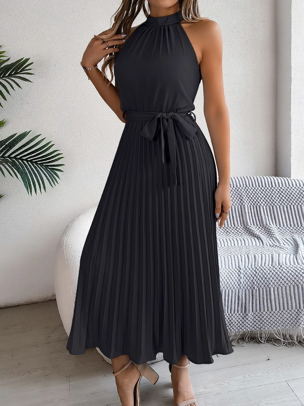 Pleated Tie Waist Sleeveless Midi Dress, image 6