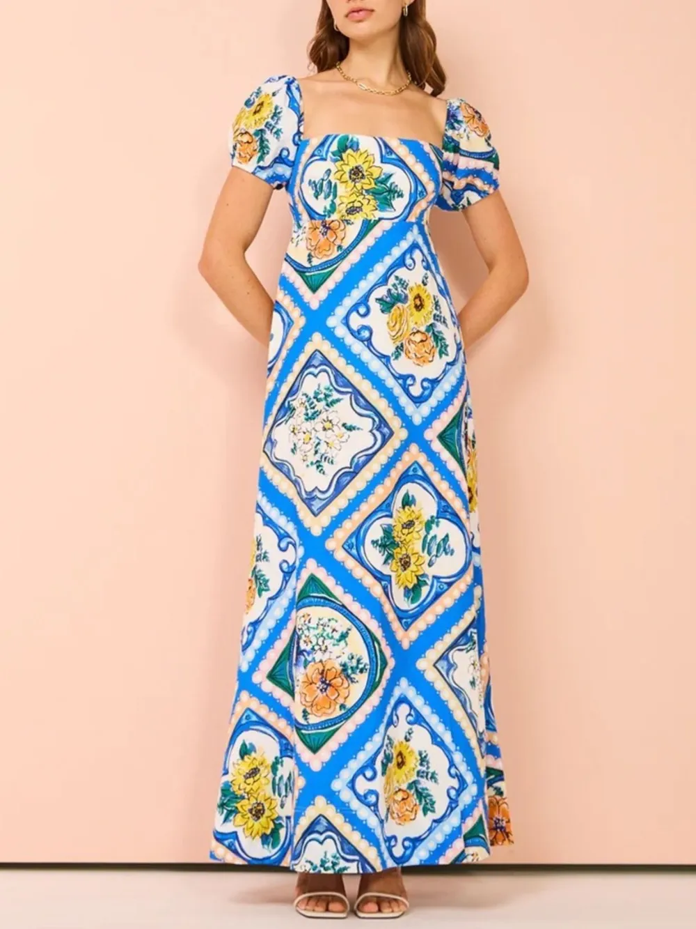 Printed Square Neck Puff Sleeve Maxi Dress, image 2