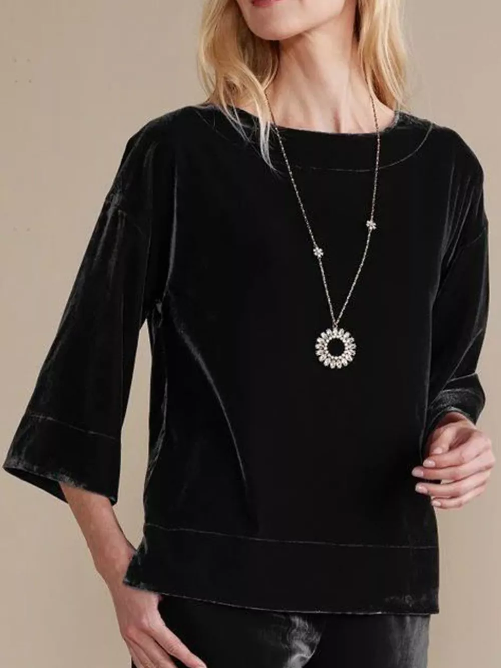 Velvet Boat-Neck T-Shirt with Three-Quarter Sleeves, image 6